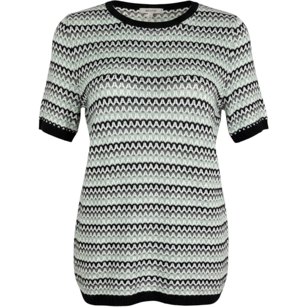 Anne Klein Womens XS Chevron Knit Top Short Sleeve Black Green Zigzag NWT